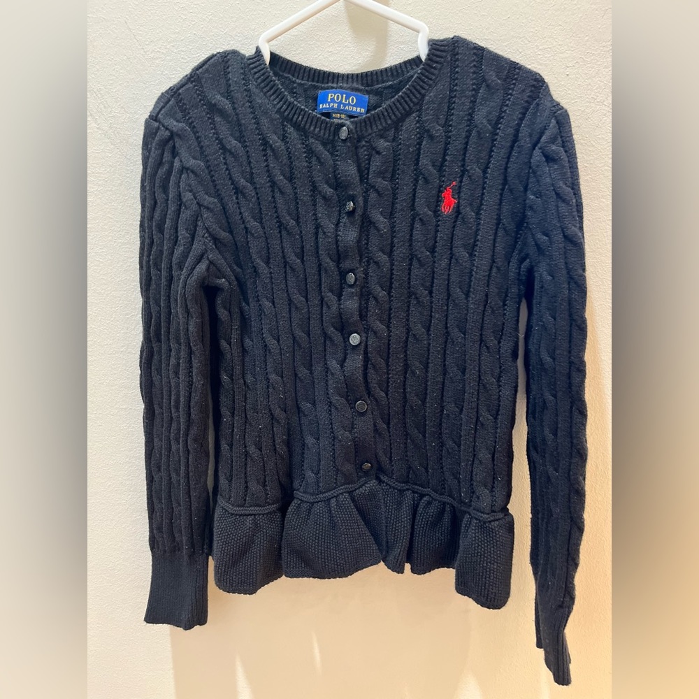 Polo by Ralph Lauren Girls Cable-Knit Cotton Peplum Cardigan Black Size M 8-10